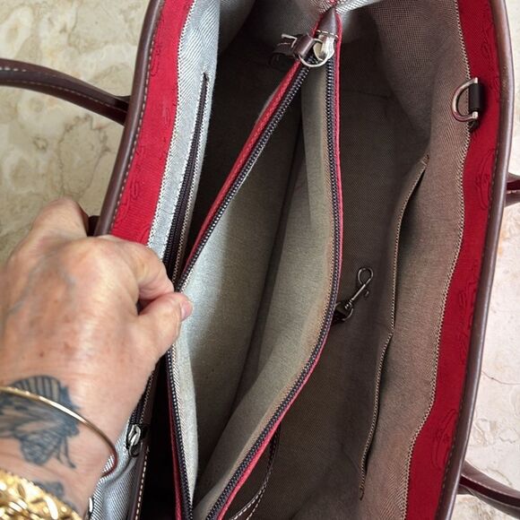 Dooney & Bourke Dual Handle Satchel Donegal Crest Red Canvas & Leather Bag - Picture 13 of 14